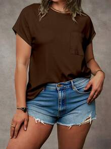 EMERY ROSE Kaos Rajut Longgar Lengan Pendek Model Dolman Batwing Warna Cokelat Kopi Polos Ukuran Besar untuk Wanita, Cocok untuk Musim Panas, Kasual, dan Sederhana. - MultiWarna - View 4