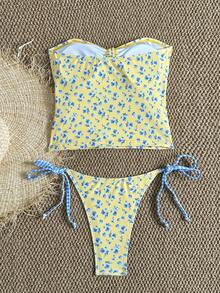 SHEIN Swim Mod 女士两件套热带碎花无肩带系带抹胸上衣和侧系带比基尼套装，适合海滩假日派对 - 彩色 - 查看 3