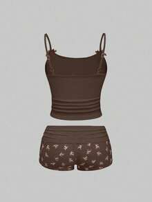 ROMWE J-Fashion 女士可爱鹿刺绣蕾丝吊带背心搭配短裤休闲套装 - 咖啡棕 - 查看 3