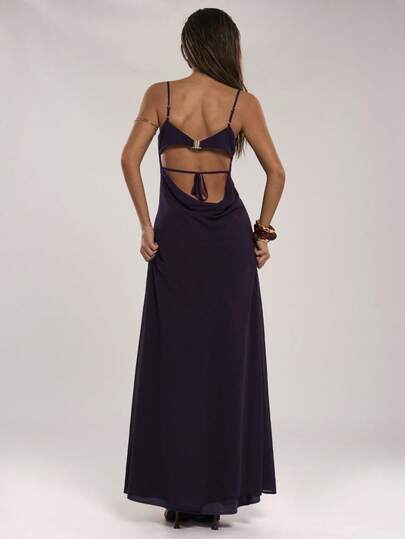SHEIN BAE Women's Casual Solid Color Vacation Spaghetti Strap Backless Decorative Hem Slit Dress, Suitable For Beach Vacation, Sisters' Gathering, Cocktail Party, Brunch Dress, Purple Dress, Elegant Sexy Purple Dress