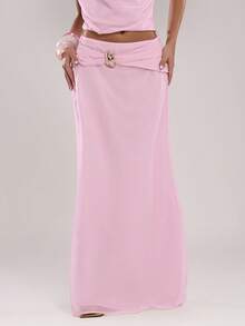 SHEIN BAE Women's Elegant Pink Chiffon A-Line Relaxed Skirt,Solid Color Casual Autumn Party Skirt For Beach Vacation,Cocktail Party,Brunch,Wedding & Concert - Pink - View 6