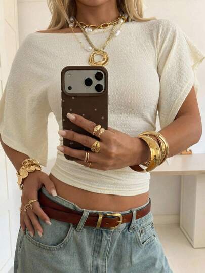 SHEIN EZwear Apricot Knit Batwing Short Sleeve Cropped T-Shirt For Women