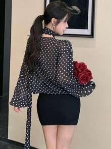 DAZY 女士波点缎带设计时尚百搭日常衬衫 - 黑色 - 查看 3