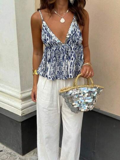 Serisse Damen V-Ausschnitt ärmelloses gerüschter Saum figurbetontes Sommer-Trägershirt