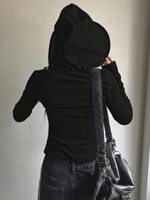 DAZY Camiseta De Manga Larga Con Capucha Y Cordón De Color Sólido Para Mujer - Negro - Ver 2