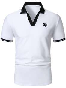 Manfinity Homme Men's Summer Casual Vacation Business Daily Commute Embroidered Contrast Striped Trim V-Neck Short Sleeve Polo Shirt - White - View 3