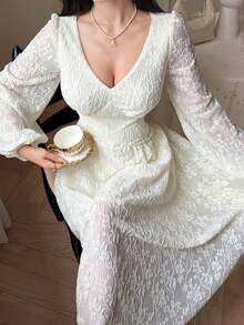 DAZY Vestido de mujer de longitud media con mangas de farol y estampado jacquard de unicolor elegante, vestidos de sol para mujeres - Blanco - Ver 7