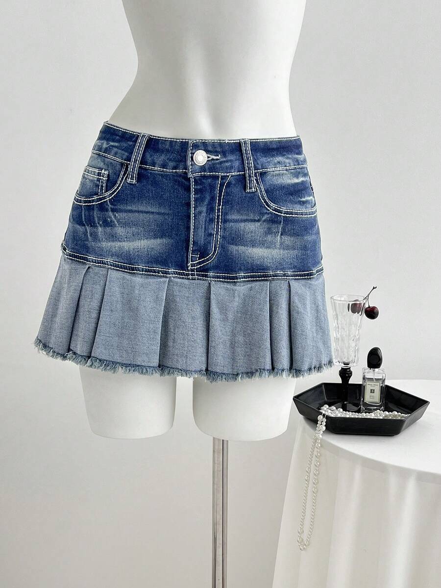 Elamini 时尚低腰百搭褶裥牛仔迷你裙 - 中等水洗藍 - 查看 1