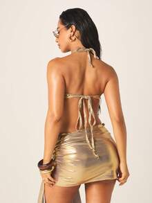 MISSGUIDED 女士金属贝壳细节挂脖比基尼套装，交叉后背绑带，搭配裹身纱笼罩衫，适合海滩度假 - 銀色 - 查看 2