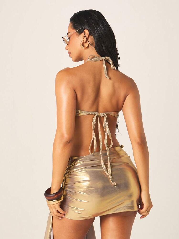 MISSGUIDED Ensemble de bikini femme avec détails de coquillage métallique, avec bretelles croisées dans le dos et paréo enveloppant pour la plage et les vacances