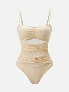 Swim Oasis Beige,Summer,Elegant,Tropical,Beach,Vacation,Holiday Women's Ruched Slit One-Piece Swimsuit With Matching Skirt,Tummy Control Modest Bathing Suits Set - Apricot - View 3