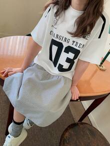 Dazy Kids 少女夏季休闲条纹拼接连衣裙 - 白色 - 查看 4