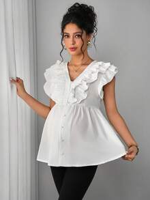 Momance Maternity V-Neck Ruffle Front Button A-Line Shirt - White - View 5