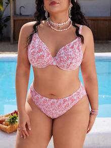Swim Mod Traje de baño con estampado floral talla grande para mujeres, conjunto de playa con tirantes finos y espalda descubierta, adecuado para vacaciones de verano en la playa - Rosa - Ver 6