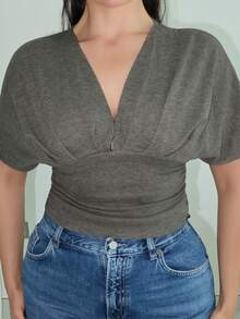 MDEdit 杏色深V褶饰短袖紧身下摆女式T恤 - 摩卡棕 - 查看 3