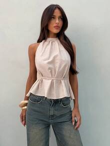 Aloruh Women's Elegant Tie-Up Halter Backless Linen Solid Color Vacation Blouse,Summer Top - Apricot - View 3