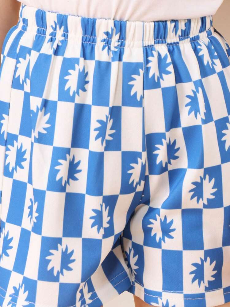 Boys Blue Checkered Print Set Short Sleeve Crew Neck Tee With Matching Shorts Casual Summer Outfit Rio Collection