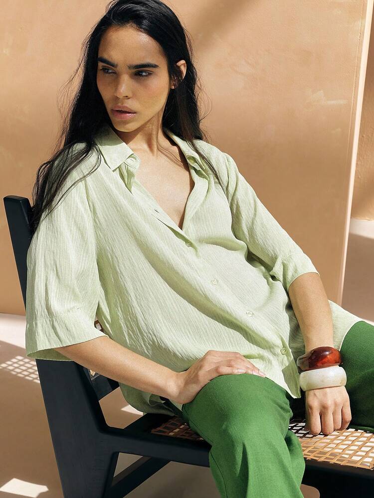 KSTM Relaxed Sage Button Front Shirt With Three Quarter Sleeves And Collared Neckline For Spring Summer Casual Comfort