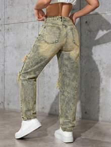 SHEIN ICON Women's Pocket Button Distressed Casual Versatile Daily Wear Denim Jeans - Medium Wash - View 3