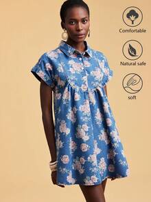 Travachic 女士短袖全印花荷叶边下摆牛仔夏季连衣裙 - 淺色水洗藍 - 查看 7