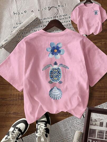 Glissea Camiseta de mujer de manga corta con cuello redondo, estampado floral y de tortuga marina, versátil para uso diario