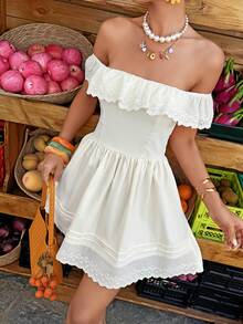 Selianne 1 pieza Vestido de línea A con cintura ceñida, con bordado y ribete de encaje, elegante para citas y vacaciones - Amarillo claro - Ver 3