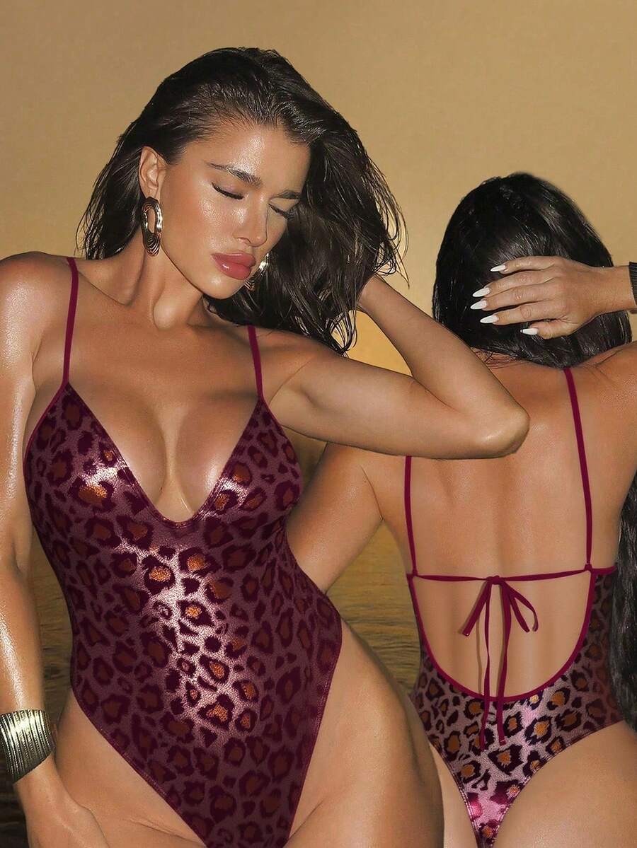 Swim SXY 女士时尚亮面面料深V露背连体泳衣，配丁字裤下装，海滩度假风，春夏款 - 彩色 - 查看 1