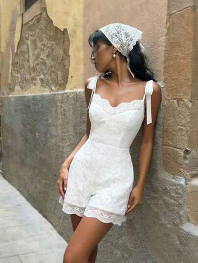 SHEIN MOD 女士纯色蕾丝拼接扭结无袖连体裤