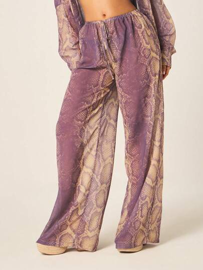 MISSGUIDED Purple Snake Print Beach Cover Up Wide Leg Palazzo Pants With Elastic Waist And Drawstring Detail Summer Resort Wear