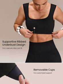 GLOWMODE Sujetador deportivo sin costuras ultrasuave con cuello cuadrado y copas desmontables, talla grande shorts con efecto levantador de glúteos de 4.3" para entrenamiento, running, gimnasio - Negro - Ver 3