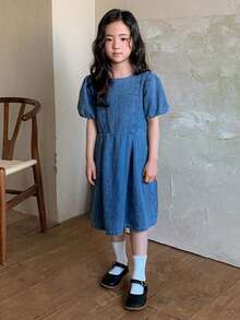 DAZY 女童圆领泡泡袖牛仔连衣裙 - 藍色 - 查看 5