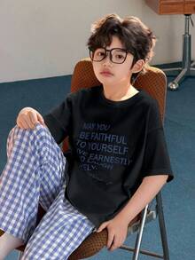 Dazy Kids Tween Boy Slogan Print Short Sleeve T-Shirt And Plaid Pants Pajama Set - Black - View 3