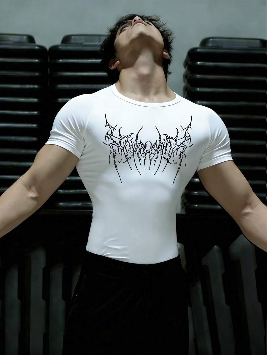 GymBeat Men's Gothic Style Printed Slim Fit Athletic T-Shirt - Black - View 1