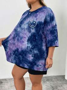 SHEIN CURVE+ 夏季女士扎染印花圆领短袖T恤，大码可选 - 紫色 - 查看 4