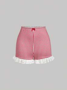 SHEIN MOD Red And White Checkered Print Bow And Lace Trim Shorts – Date, Party, Women's Summer And Spring Wear, Spring Break, Vacation, Picnic, Festival, Birthday - Red and White - View 5