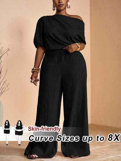 SHEIN CURVE+ Women's Plus Size 2026 Spring/Summer New Elegant Party&Date&Party&Graduation Season Net Color Black Combined Single Shoulder Pleated Decoration Slanted Shoulder Extra Long Wide Leg Pants Woven Texture Fabric Women's Plus Size Extra Long Jumpsuit