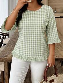 Weeklong Plus Size Casual Plaid Ruffle Trim Shirt - Mint Green - View 4