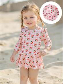 女婴樱桃格子图案圆领长袖泳衣和帽子套装 - 彩色 - 查看 3