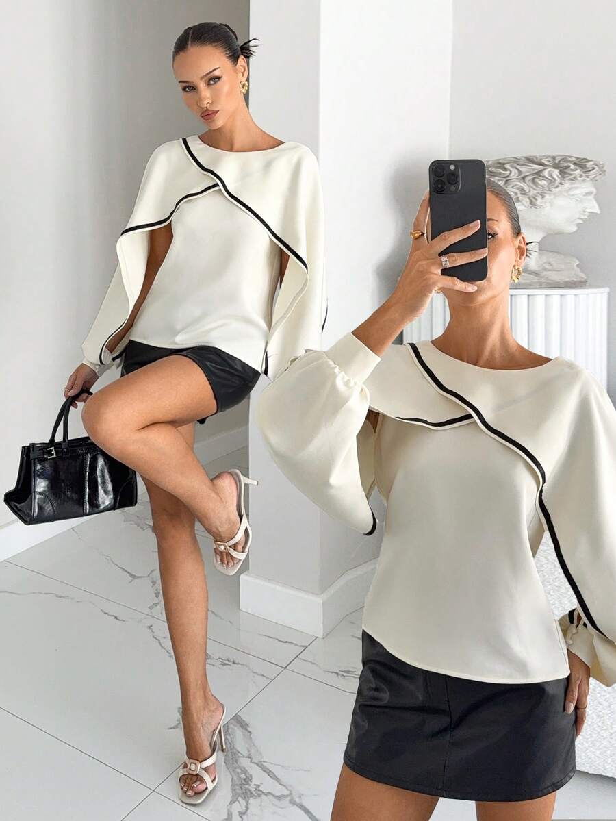Siren Gaze Elegant Asymmetrical Patchwork Design White Fashion Top, Women's Three-Dimensional Ruffled Unique Cut Long-Sleeved Shirt, Loose And Versatile Business Casual Style Shirt, Summer - Apricot - View 1