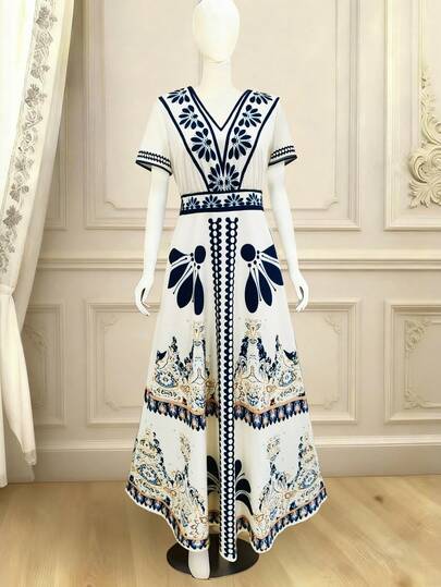 GlowEve Women's Paisley Print Short Sleeve A-Line Dress, Elegant Casual Vacation Commute Fashion Daily Date Street Retro Versatile Party Dress, Spring & Summer, New Arrival Long Dress With Floral Print In Multiple Colors