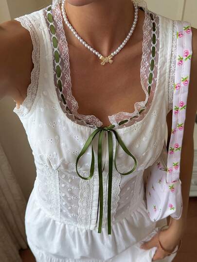 Livesso White Lace Trim Tie-Up Bow Splice Textured Hollow-Out Lace Blouse, Casual Beach Holiday Style, Waist Cinching, Elegant For Work, Valentine's Day, Wedding, Spring/Summer