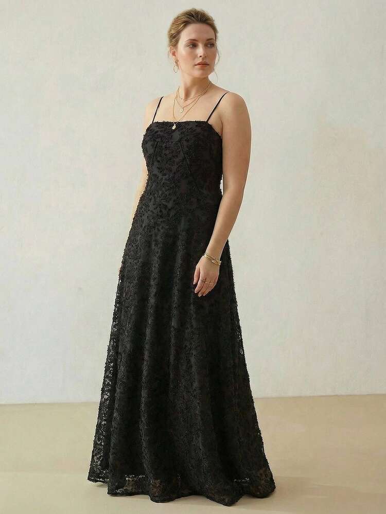 PLUS SIZE BLACK JACQUARD SPAGHETTI STRAP CINCHED WAIST DRESS
