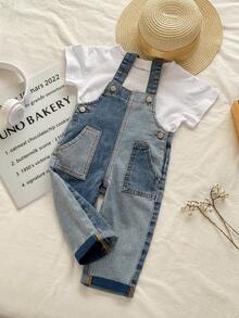 Bubblio Quần yếm denim dáng rộng phối màu tương phản dành cho bé trai - Màu xanh lam - Xem 3
