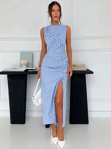 Siren Gaze Women's Plaid Round Neck Pleated Casual Sleeveless Dress - Blue - View 3