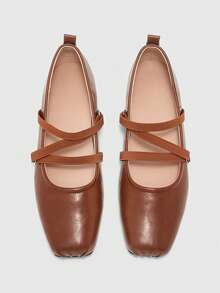 CUCCOO BIZCHIC Women's Brown Strap Square Toe Flat Shoes, Ballet Flats, Retro College Style Classic Casual Cute Design - Brown - View 1