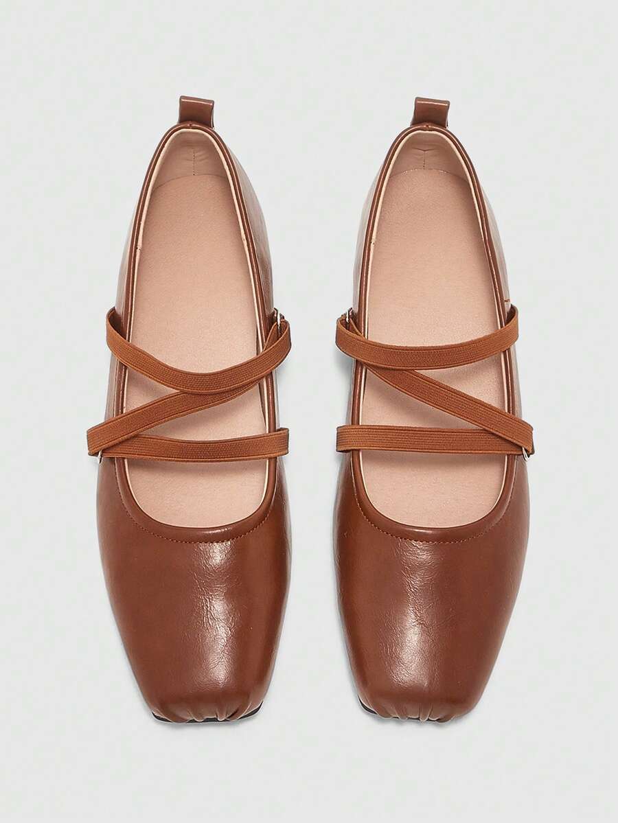 CUCCOO BIZCHIC Women's Brown Strap Square Toe Flat Shoes, Ballet Flats, Retro College Style Classic Casual Cute Design - Brown - View 1
