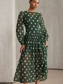 Aveloria Modichic Minimalist Chiffon Polka Dot Retro Lightweight Long Sleeve Dress (Random) - Green - View 4