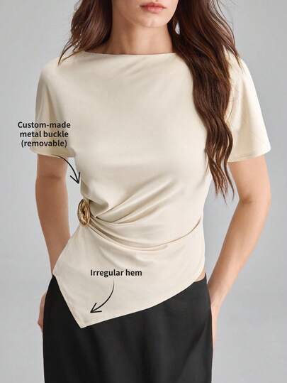 Ontre 女士卡其色舒适柔软弹力面料不对称褶皱设计可拆卸金属扣装饰现代都市时尚商务休闲办公装低调复古高端通勤高品质机场邮轮优雅婚礼宾客简约奢华百搭休闲系列设计上衣