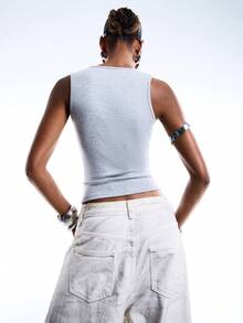 LYSMO 女士夏季时尚网纱拼接荷叶边吊带背心 - 灰色 - 查看 2