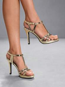 CUCCOO SZL Sandalias de tacón doradas elegantes y de moda para fiestas - Dorado - Ver 1